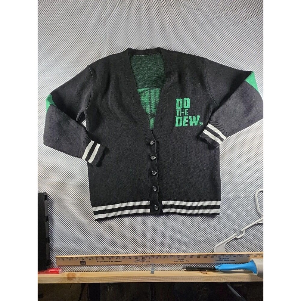 Mountain Dew Cardigan Sweater Black Green Logo Button Front Striped No Tags